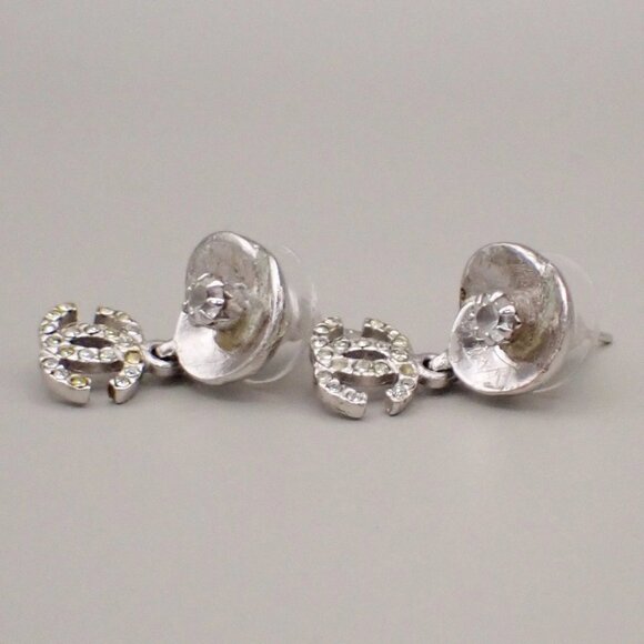 CHANEL CC Logo Rhinestone Camelia Piercing Earring 04P Silver France 38RF516 - Picture 3 of 11